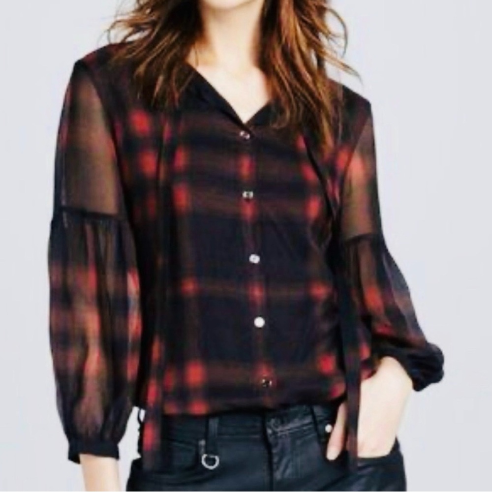 Burberry Brit Red and Black Plaid Silk Neck Tie Blouse Size S
